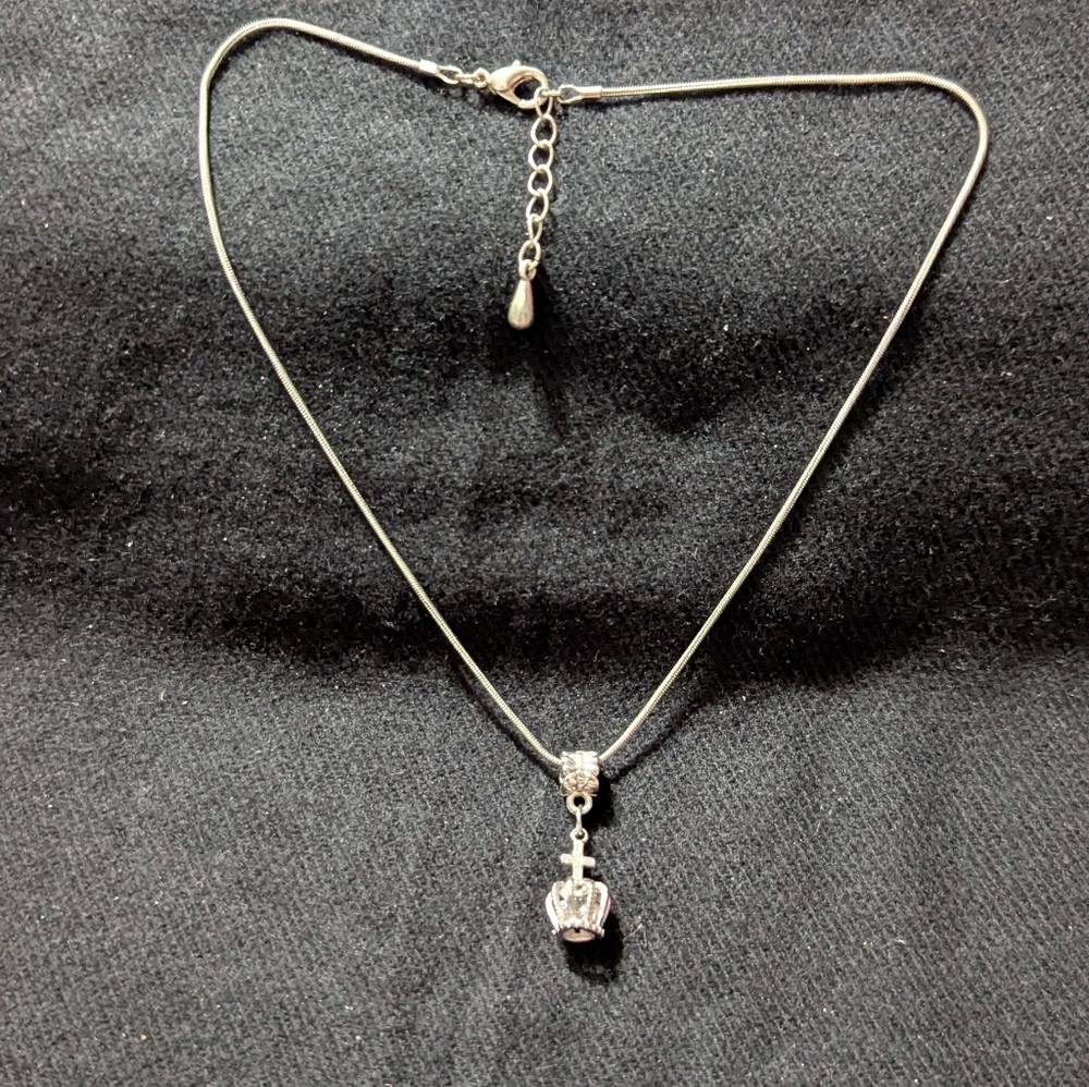 Silver Tone Clear Caged Crystal Crown Pendant Statement Necklace